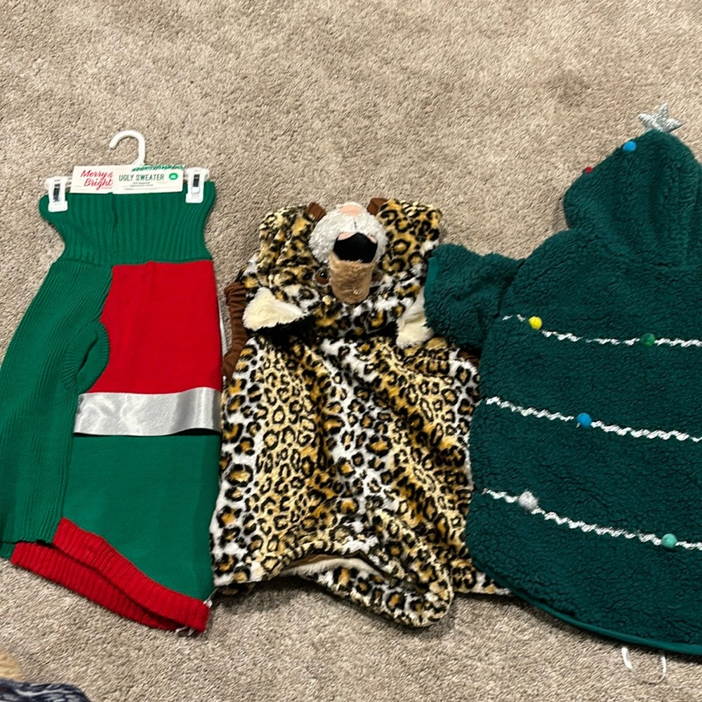 Bundle of 3 dog costumes Ugly Christmas sweater, leopard and Christmas tree